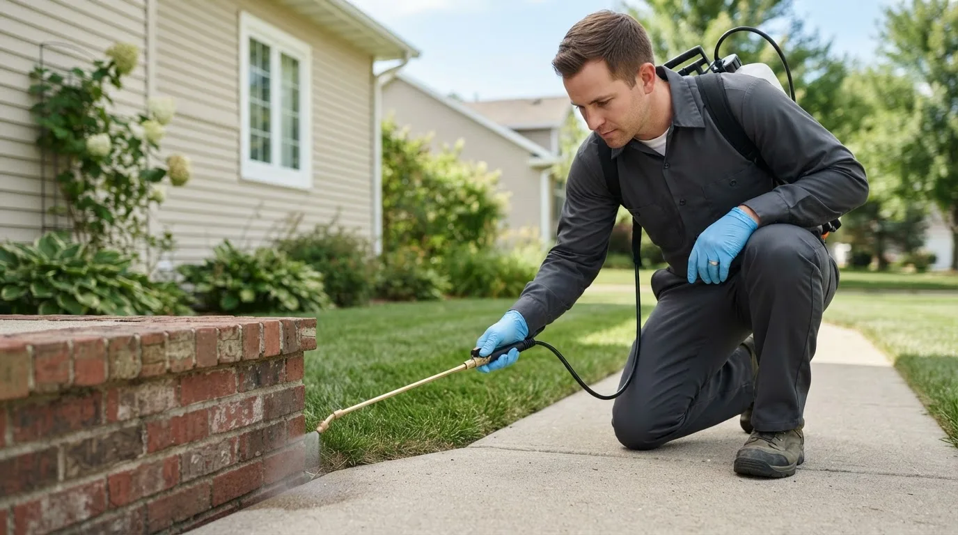 Pest control technician treating a home near Saunderstown, RI